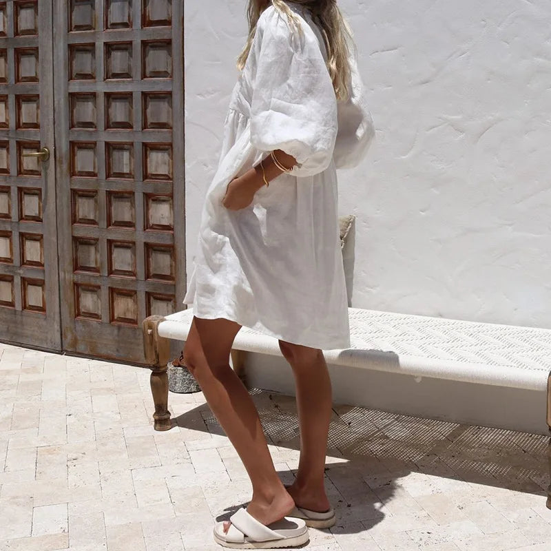 V-Neck Puff Sleeve Mini Dress