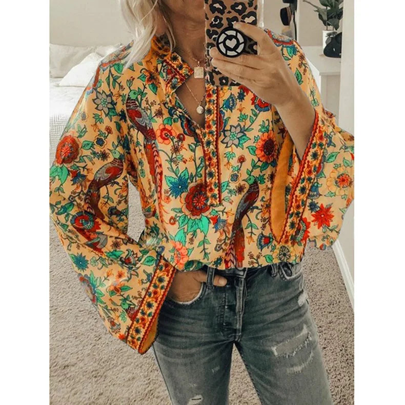 Bohemian Floral Flare Sleeve Blouse