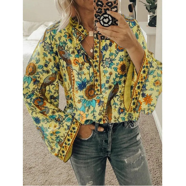 Bohemian Floral Flare Sleeve Blouse