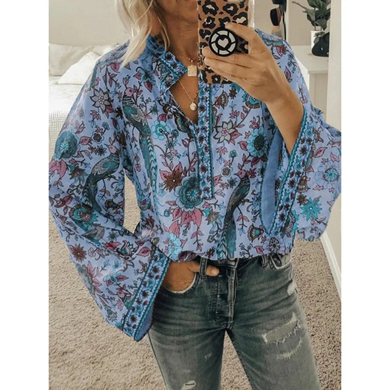 Bohemian Floral Flare Sleeve Blouse