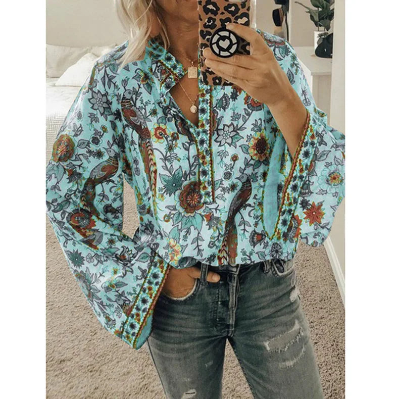 Bohemian Floral Flare Sleeve Blouse