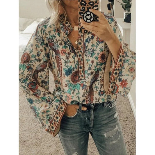 Bohemian Floral Flare Sleeve Blouse