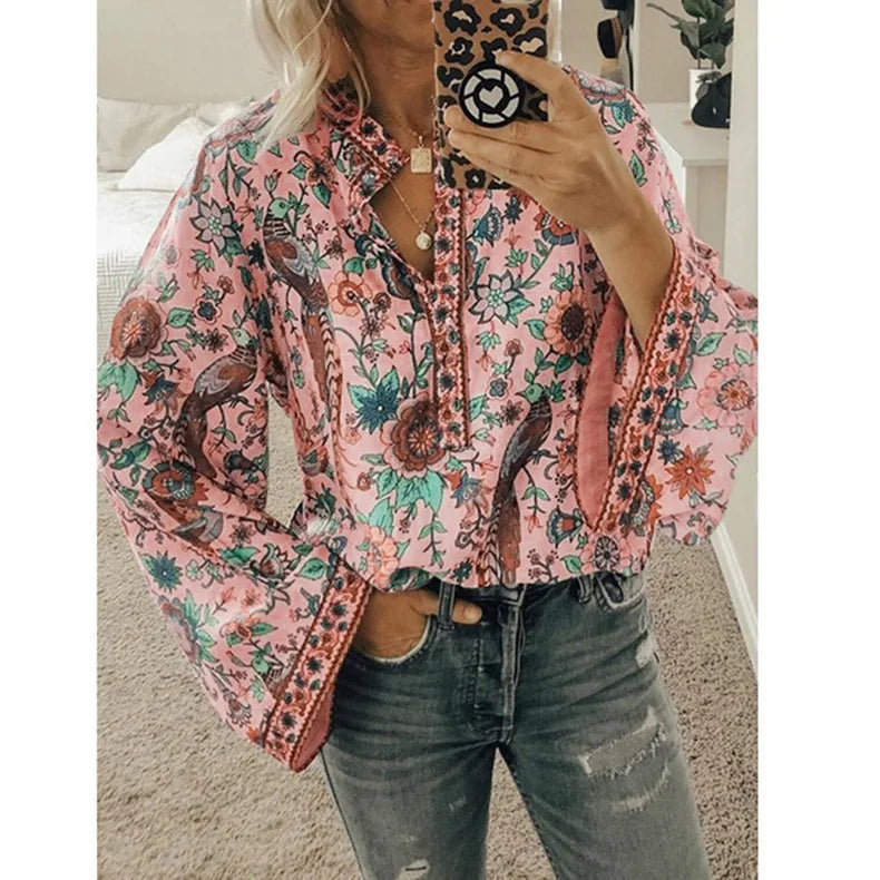 Bohemian Floral Flare Sleeve Blouse