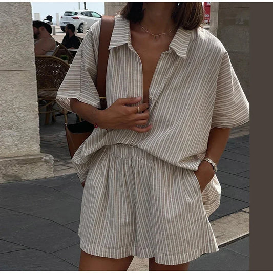 Striped Button-Up & Lace-Up Shorts Set