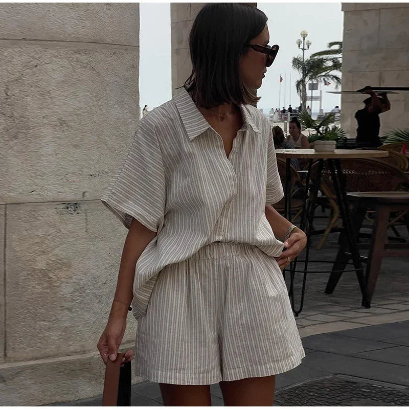 Striped Button-Up & Lace-Up Shorts Set