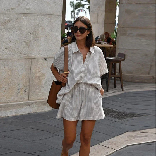 Striped Button-Up & Lace-Up Shorts Set