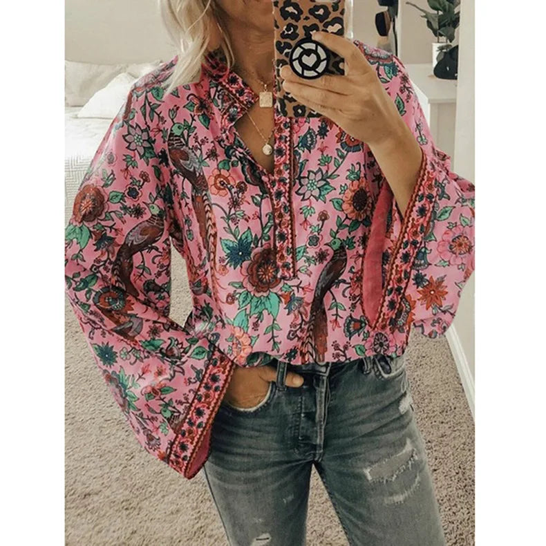 Bohemian Floral Flare Sleeve Blouse