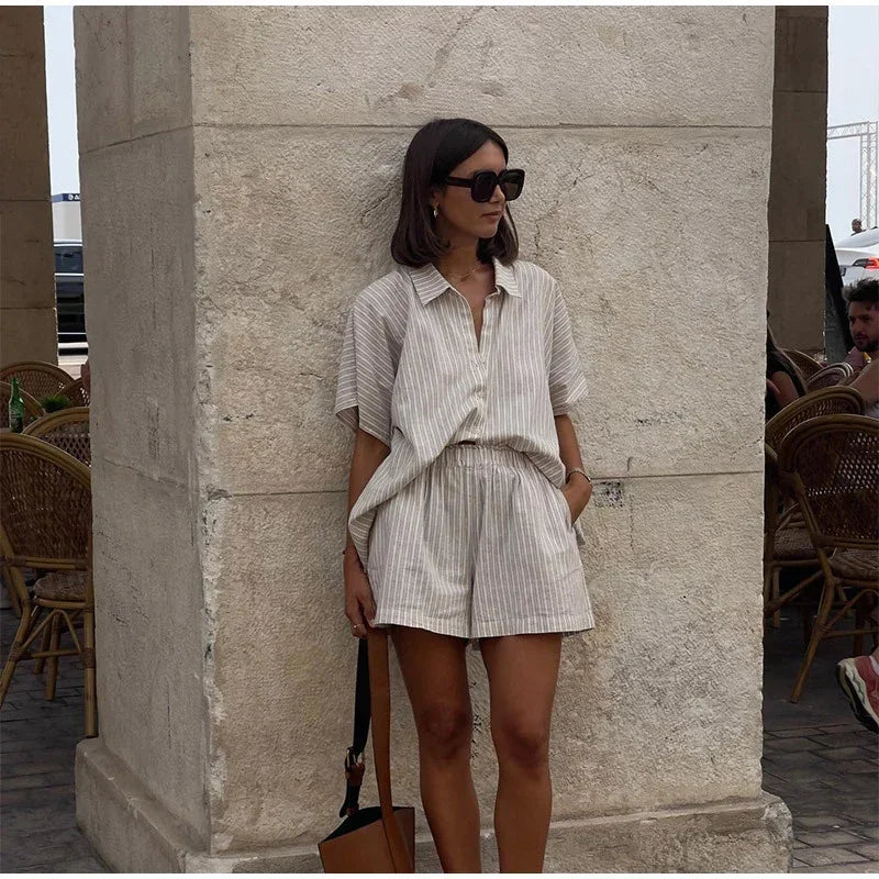 Striped Button-Up & Lace-Up Shorts Set