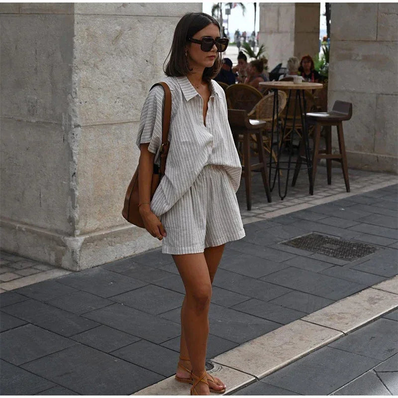 Striped Button-Up & Lace-Up Shorts Set