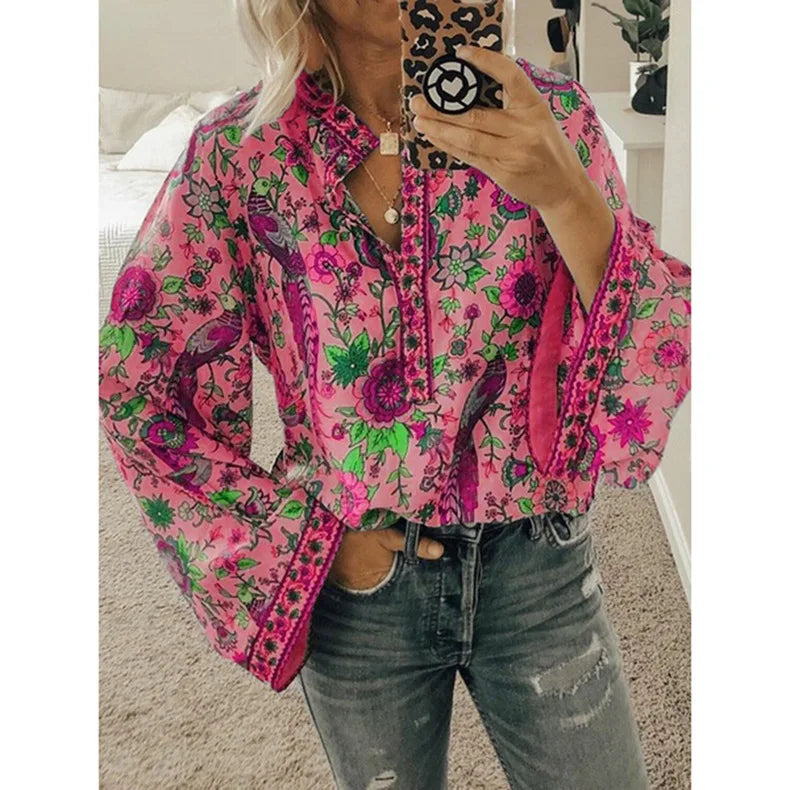 Bohemian Floral Flare Sleeve Blouse