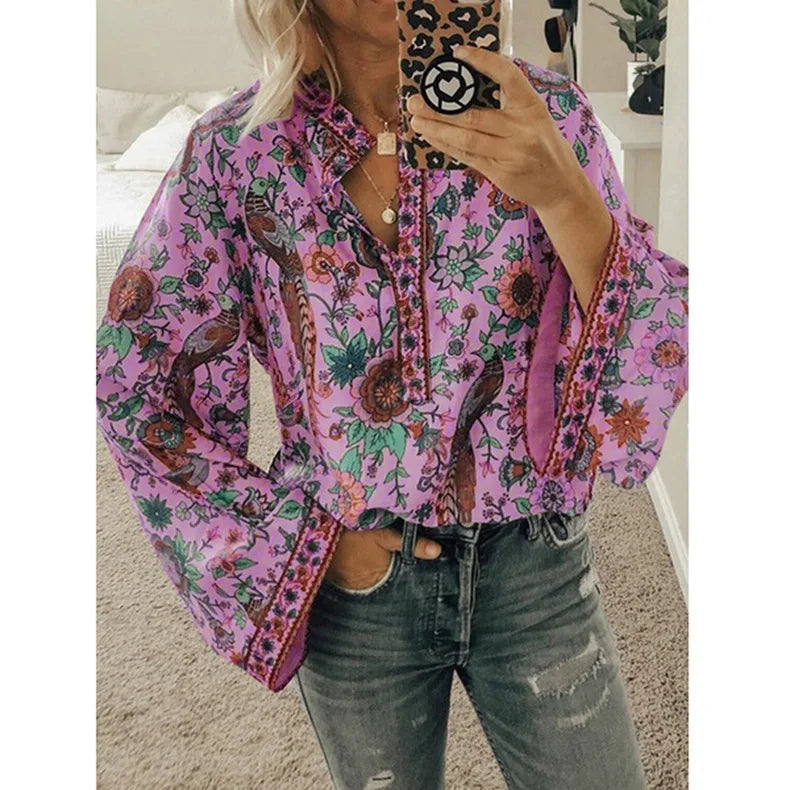 Bohemian Floral Flare Sleeve Blouse