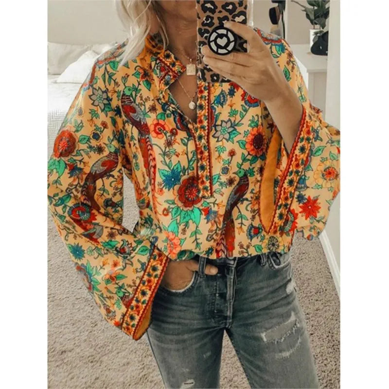 Bohemian Floral Flare Sleeve Blouse